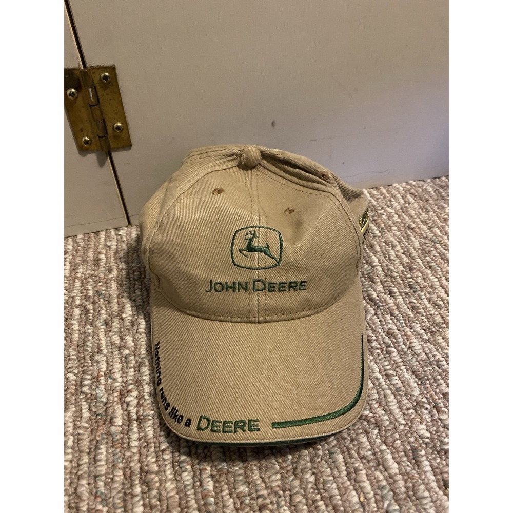 VTG John Deere Baseball Cap Tan Khaki Earth Tone Workwear Cotton Strapback Hat
